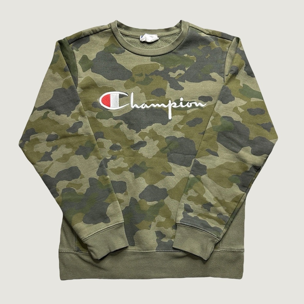 Champion Sweatshirt Boys M Y8744 Green Camo Embroidered Script Logo Pullover